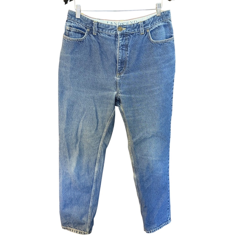 Lands End Womens 14 High Rise Straight Leg Blue Denim Mom Jeans 100% Cotton